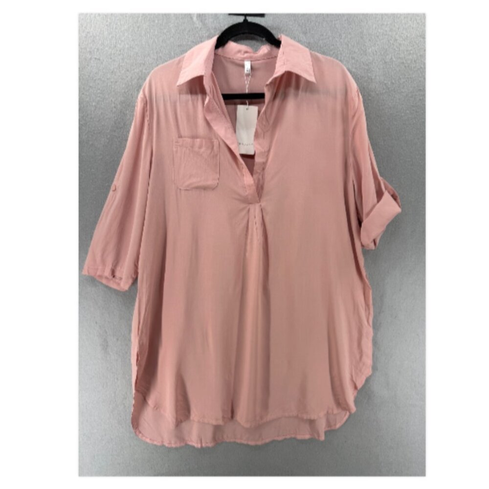 Ekouaer Tunic Top Womens S Pink Popover 3/4 Roll Tab Sleeve V-Neck Coastal Chic‎